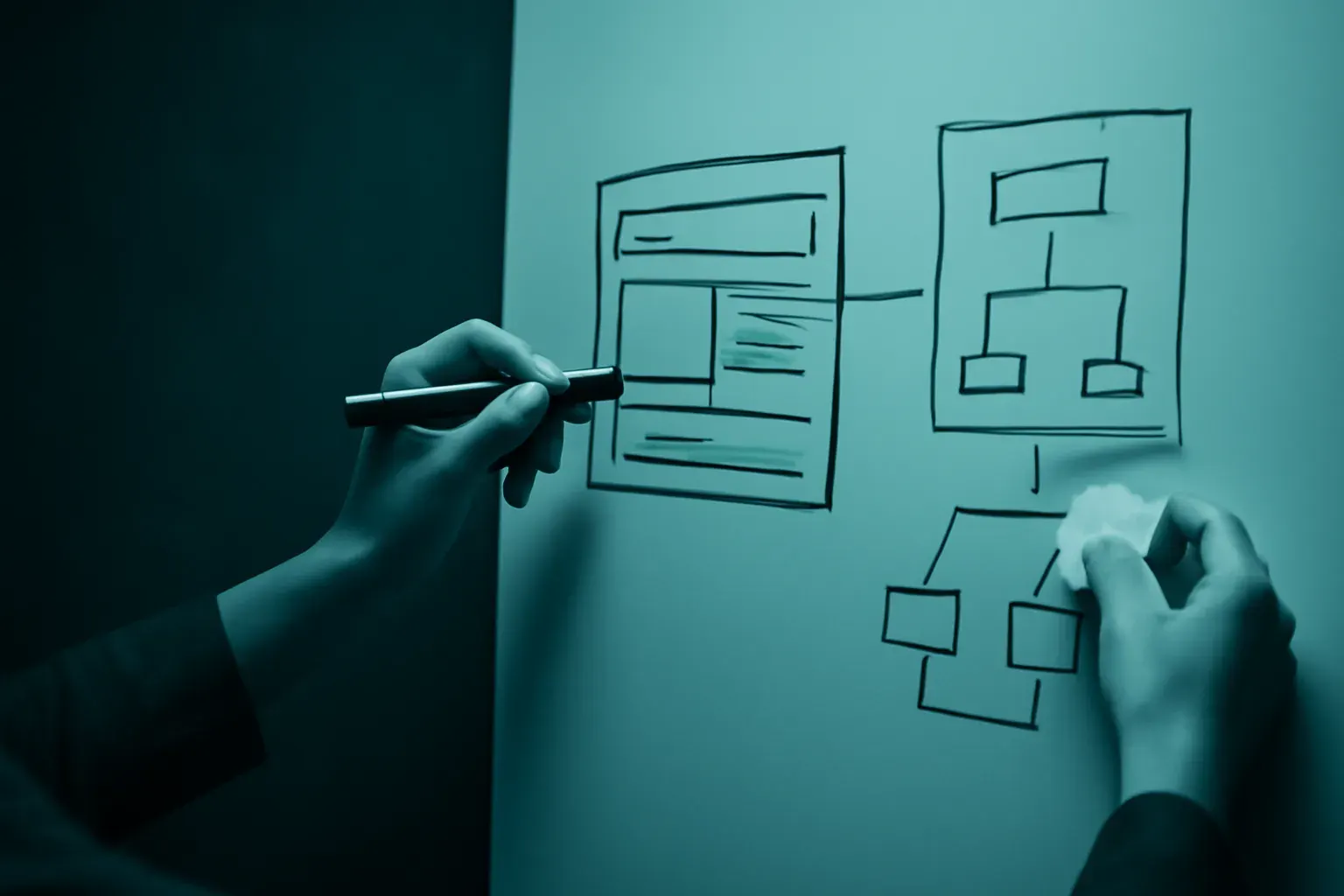 Hands sketching a page layout on paper beside a whiteboard, in graphite and teal.