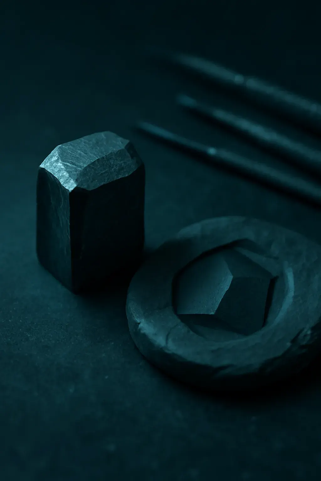 A cut stone with sharp facets in graphite and teal, like a stamp.
