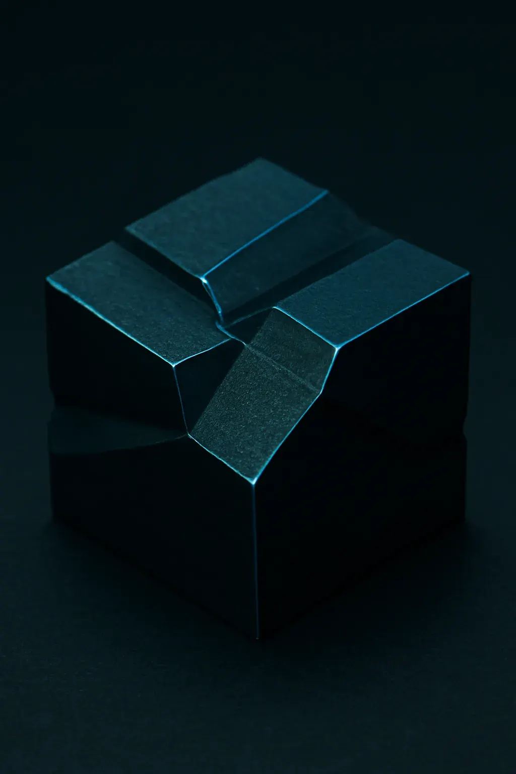 Faceted crystal structure in graphite and teal, lit from one side.