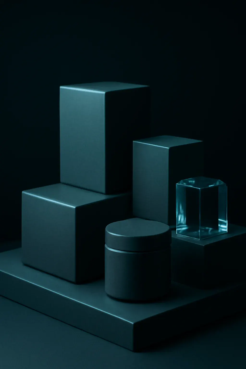 Stacked geometric forms in graphite and teal, like products on shelves.