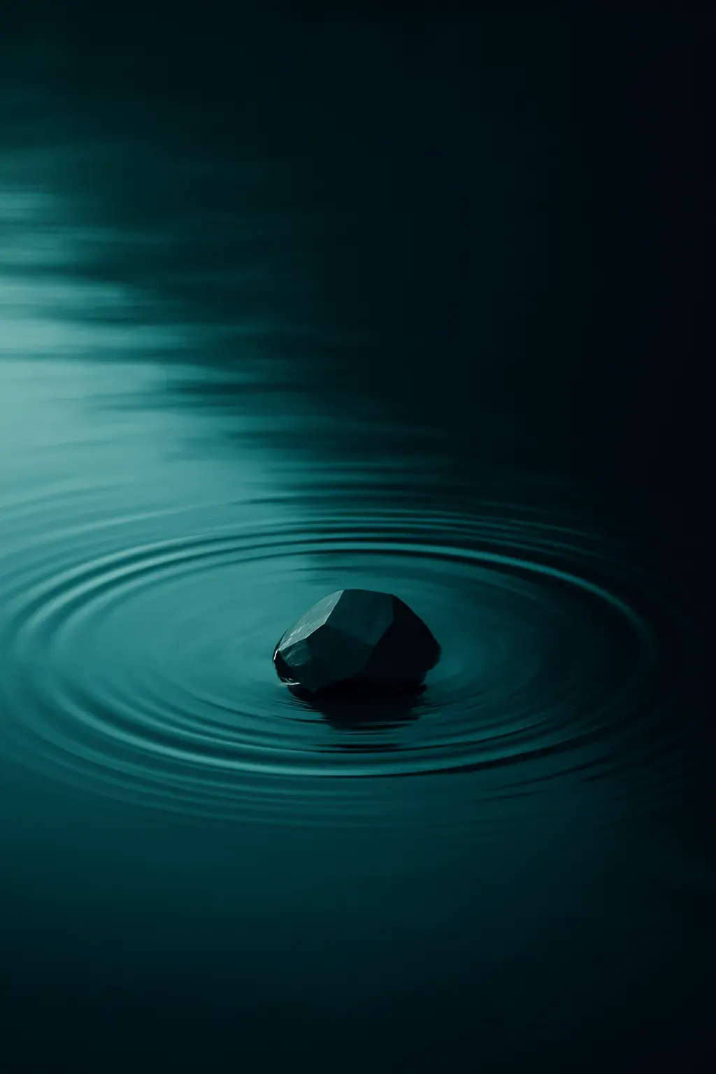 Still, dark water with a single faint ripple in teal light.