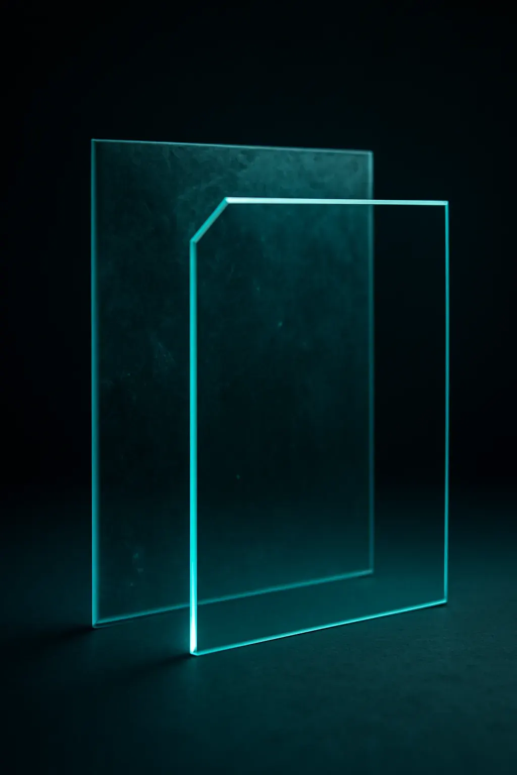 Two overlapping translucent planes in teal and graphite, one sharper than the other.